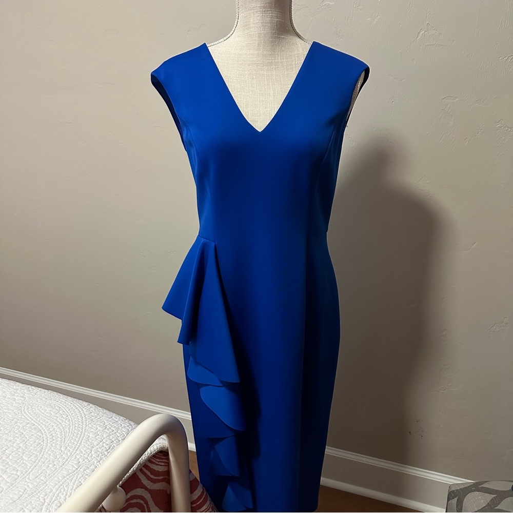 Royal Blue Asymmetrical Ruffle Sheath Dress Size 10 Cocktail Wedding Guest NWOT - Picture 5 of 6